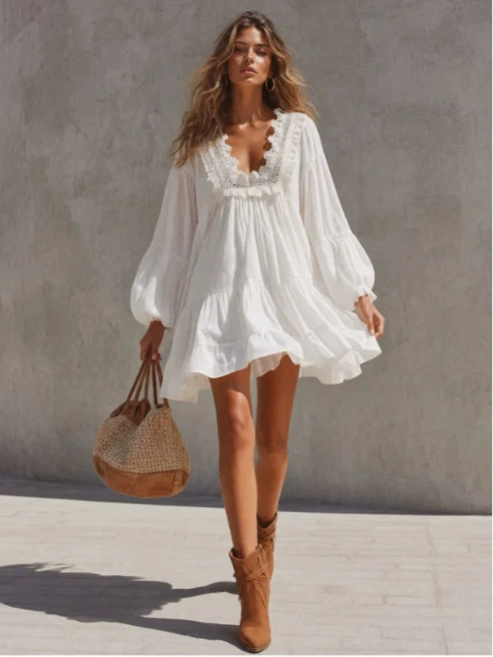FOREVER 21Retro White Lace Square Neck Long Sleeve Mini Dress